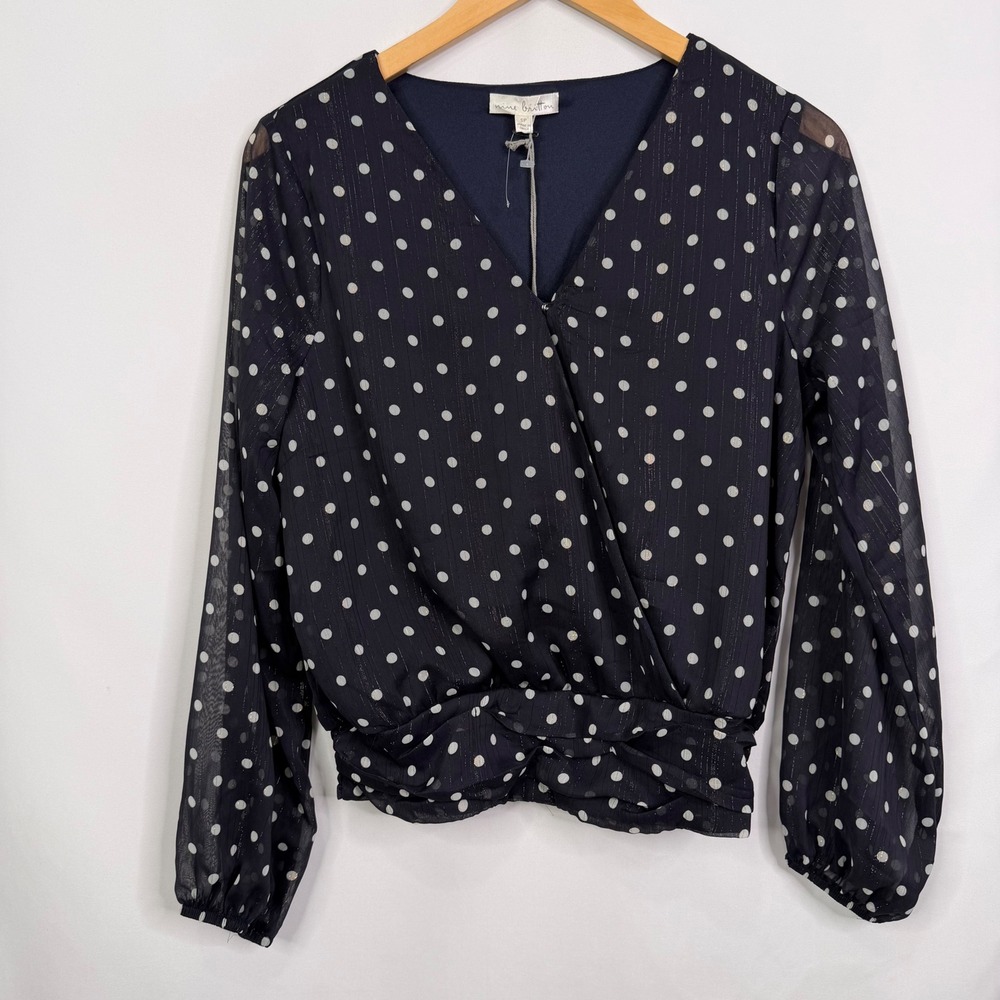 Nine Britton Inez Chiffon Smocked Bottom Blouse Navy Polka Dot Metallic SP NWT - Picture 2 of 8